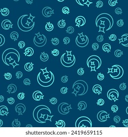 Green line Moon and stars icon isolated seamless pattern on blue background.  Vector