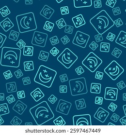 Green line Moon and stars icon isolated seamless pattern on blue background. Cloudy night sign. Sleep dreams symbol. Full moon. Night or bed time sign.  Vector