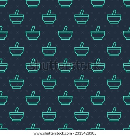 Green line Mortar and pestle icon isolated seamless pattern on blue background.  Vector