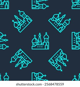 Green line Moscow symbol - Saint Basil's Cathedral, Russia icon isolated seamless pattern on blue background.  Vector