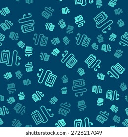 Green line Museum audio guide icon isolated seamless pattern on blue background. Headphones for excursions.  Vector