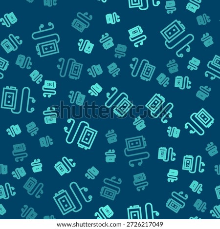 Green line Museum audio guide icon isolated seamless pattern on blue background. Headphones for excursions.  Vector