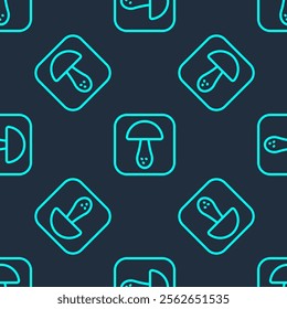 Green line Mushroom icon isolated seamless pattern on blue background.  Vector