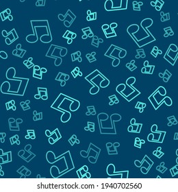 Green line Music note, tone icon isolated seamless pattern on blue background.  Vector