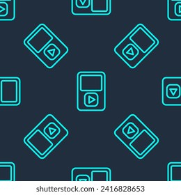 Green line Music player icon isolated seamless pattern on blue background. Portable music device.  Vector