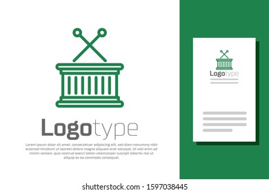 Green line Musical instrument drum and drum sticks icon isolated on white background. Logo design template element. Vector Illustration