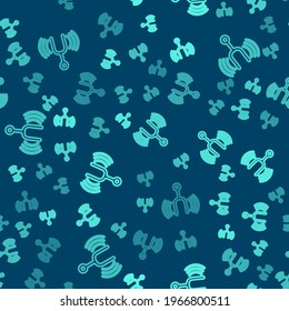 Green line Musical tuning fork for tuning musical instruments icon isolated seamless pattern on blue background.  Vector
