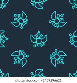 Green line National emblem of Russia icon isolated seamless pattern on blue background. Russian coat of arms two-headed eagle.  Vector