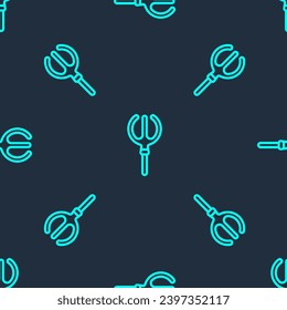 Green line Neptune Trident icon isolated seamless pattern on blue background.  Vector