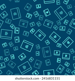 Green line Notebook icon isolated seamless pattern on blue background. Spiral notepad icon. School notebook. Writing pad. Diary for school.  Vector Illustration