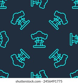 Green line Nuclear explosion icon isolated seamless pattern on blue background. Atomic bomb. Symbol of nuclear war, end of world.  Vector