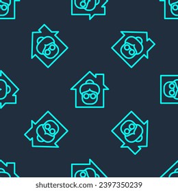 Green line Nursing home building icon isolated seamless pattern on blue background. Health care for old and sick people. Center for retired people.  Vector