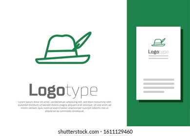 Green line Oktoberfest hat icon isolated on white background. Hunter hat with feather. German hat. Logo design template element. Vector Illustration