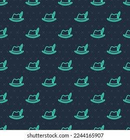 Green line Oktoberfest hat icon isolated seamless pattern on blue background. Hunter hat with feather. German hat.  Vector