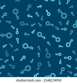 Green line Old key icon isolated seamless pattern on blue background.  Vector