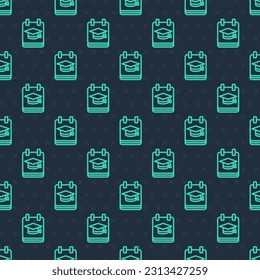Green line Online education and graduation icon isolated seamless pattern on blue background. Online teacher on monitor. Webinar and video seminar learning.  Vector