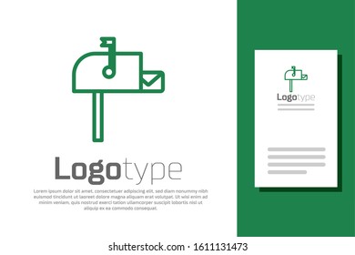 Green line Open mail box icon isolated on white background. Mailbox icon. Mail postbox on pole with flag. Logo design template element. Vector Illustration