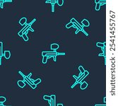 Green line Paintball gun icon isolated seamless pattern on blue background.  Vector Illustration