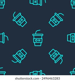 Green line Paper glass with drinking straw and water icon isolated seamless pattern on blue background. Soda drink glass. Fresh cold beverage symbol.  Vector