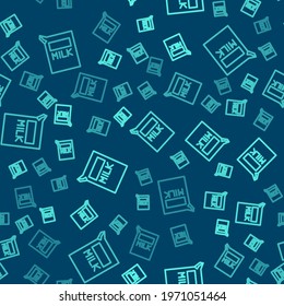 Green line Paper package for milk icon isolated seamless pattern on blue background. Milk packet sign.  Vector Illustration