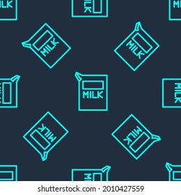 Green line Paper package for milk icon isolated seamless pattern on blue background. Milk packet sign.  Vector Illustration