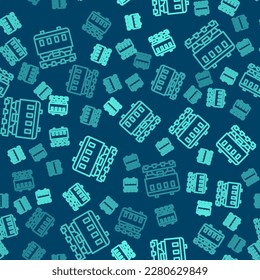 Green line Passenger train cars icon isolated seamless pattern on blue background. Railway carriage.  Vector