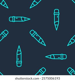 Green line Pencil with eraser icon isolated seamless pattern on blue background. Drawing and educational tools. School office symbol.  Vector