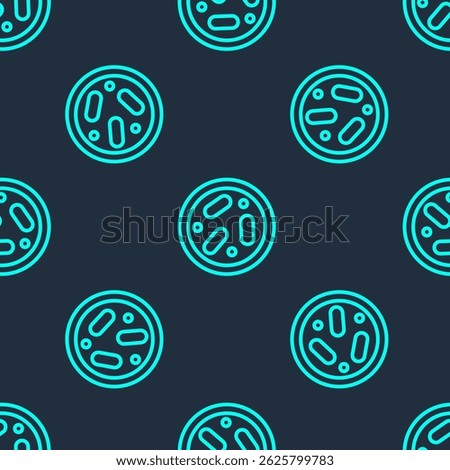 Green line Petri dish with bacteria icon isolated seamless pattern on blue background.  Vector