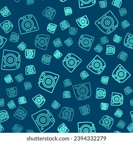 Green line Photo camera icon isolated seamless pattern on blue background. Foto camera. Digital photography.  Vector