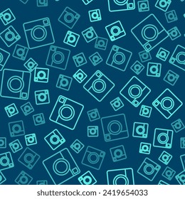 Green line Photo camera icon isolated seamless pattern on blue background. Foto camera. Digital photography.  Vector