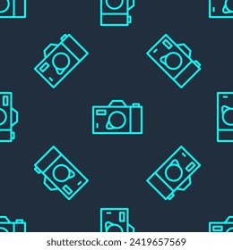 Green line Photo camera icon isolated seamless pattern on blue background. Foto camera icon.  Vector