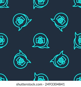 Green line Photo camera icon isolated seamless pattern on blue background. Foto camera. Digital photography.  Vector