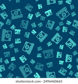 Green line Photo camera icon isolated seamless pattern on blue background. Foto camera icon.  Vector