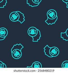 Green line Photo camera icon isolated seamless pattern on blue background. Foto camera. Digital photography.  Vector