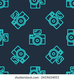 Green line Photo camera with lighting flash icon isolated seamless pattern on blue background. Foto camera. Digital photography.  Vector