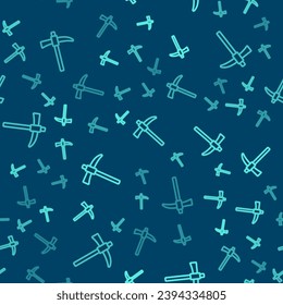 Green line Pickaxe icon isolated seamless pattern on blue background.  Vector