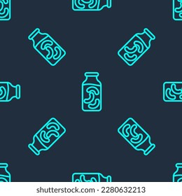 Línea verde Copeteros cocidos en un ícono de tarro aislado patrón sin fisuras sobre fondo azul.  Vector