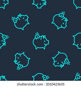 Green line Piggy bank with coin icon isolated seamless pattern on blue background. Icon saving or accumulation of money, investment.  Vector