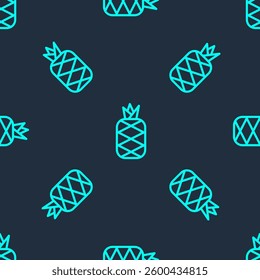 Green line Pineapple tropical fruit icon isolated seamless pattern on blue background.  Vector