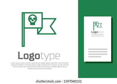 Green line Pirate flag with skull icon isolated on white background. Logo design template element. Vector Illustration