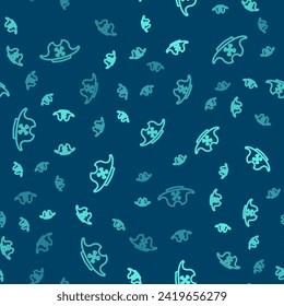 Green line Pirate hat icon isolated seamless pattern on blue background.  Vector
