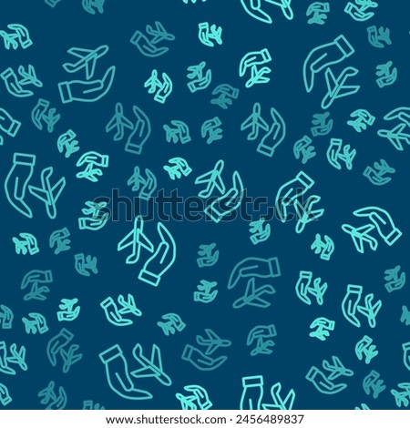 Green line Plane in hand icon isolated seamless pattern on blue background. Flying airplane. Airliner insurance. Security, safety, protection, protect concept.  Vector