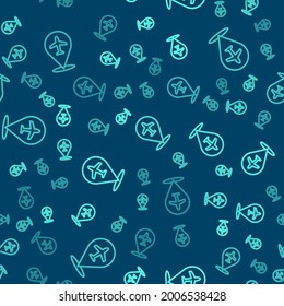 Green line Plane icon isolated seamless pattern on blue background. Flying airplane icon. Airliner sign.  Vector