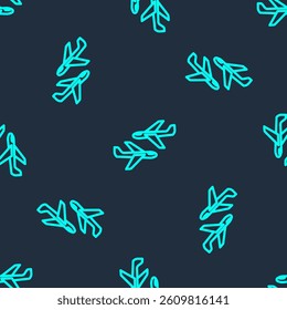 Green line Plane icon isolated seamless pattern on blue background. Flying airplane icon. Airliner sign.  Vector