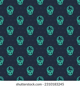 Green line Planet earth and radiation symbol icon isolated seamless pattern on blue background. Environmental concept.  Vector