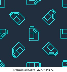 Green line Plastic bottle for laundry detergent, bleach, dishwashing liquid or another cleaning agent icon isolated seamless pattern on blue background.  Vector