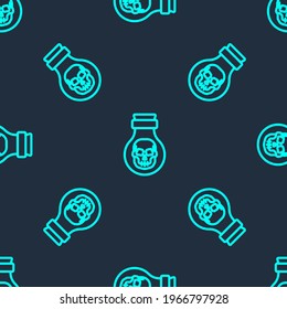 Green line Poison in bottle icon isolated seamless pattern on blue background. Bottle of poison or poisonous chemical toxin.  Vector