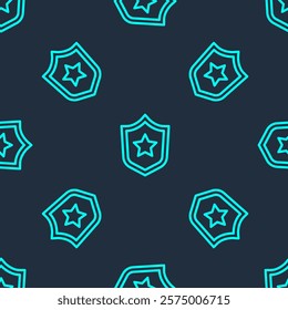 Green line Police badge icon isolated seamless pattern on blue background. Sheriff badge sign. Shield with star symbol.  Vector