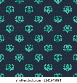 Green line Pretzel icon isolated seamless pattern on blue background. German comfort food pastry. Oktoberfest festival.  Vector