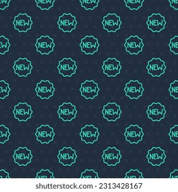 Green line Price tag with an inscription New icon isolated seamless pattern on blue background. Badge for price. Promo tag discount.  Vector